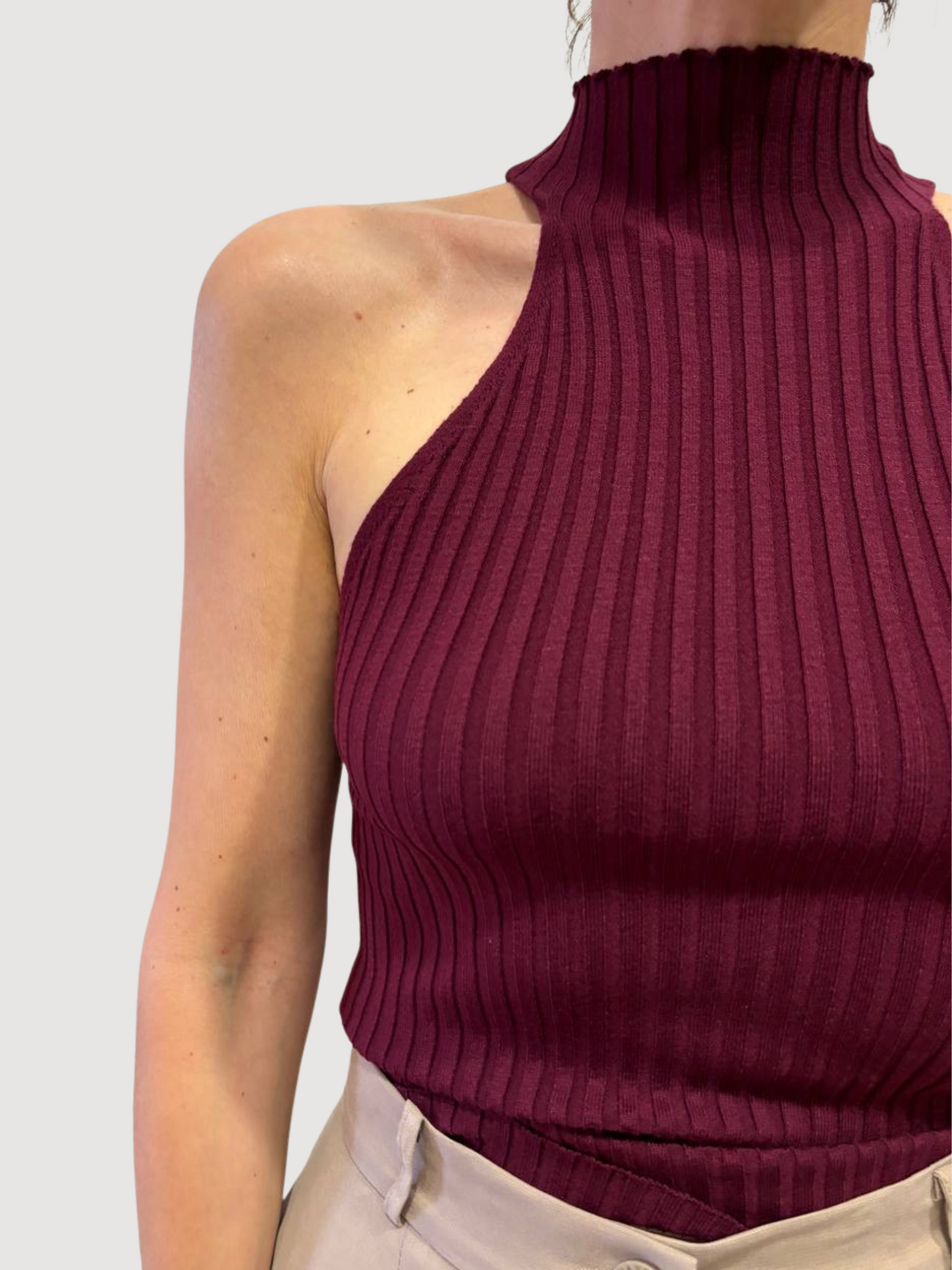 KONTATTO - Top cammello a costine con colletto - più colori