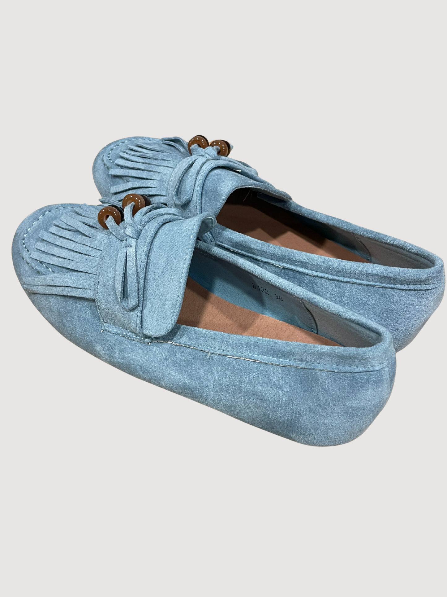 Mocassino in tessuto con nappine e perline - azzurro