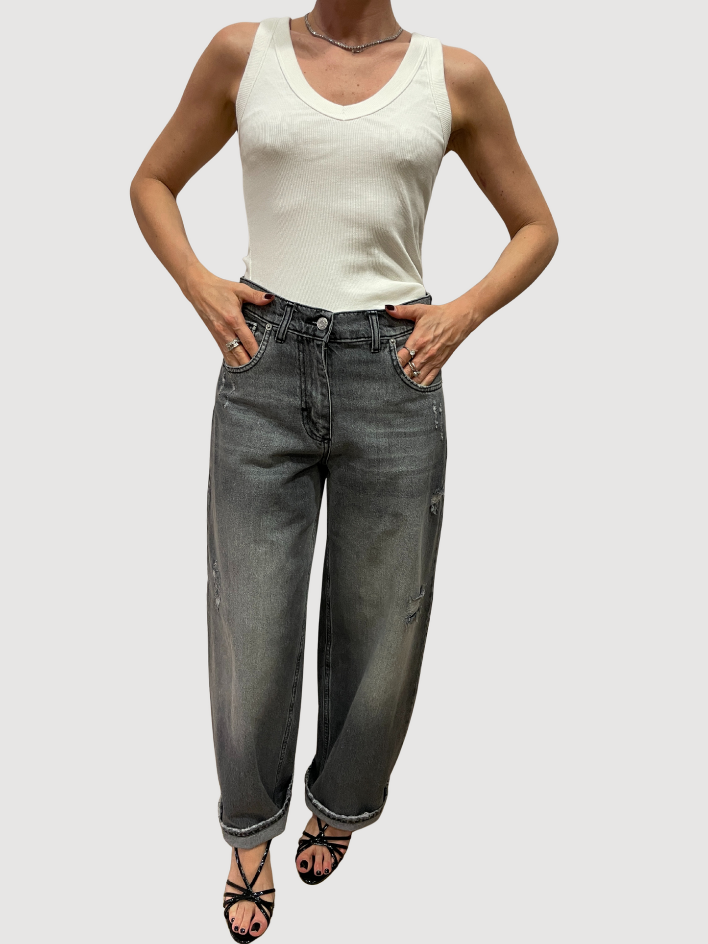 HAVEONE - Jeans Bella grigio a vita alta con dettaglio rotture - più colori