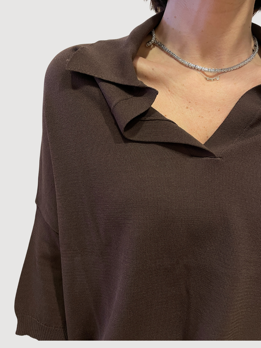 VICOLO - Polo morbida a mezza manica in viscosa pressata cioccolato