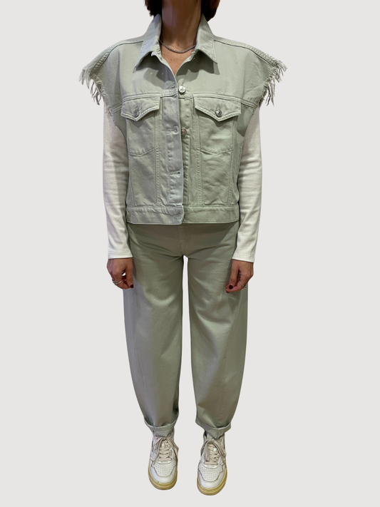 VICOLO - Gilet in jeans verde acqua smanicato con frange