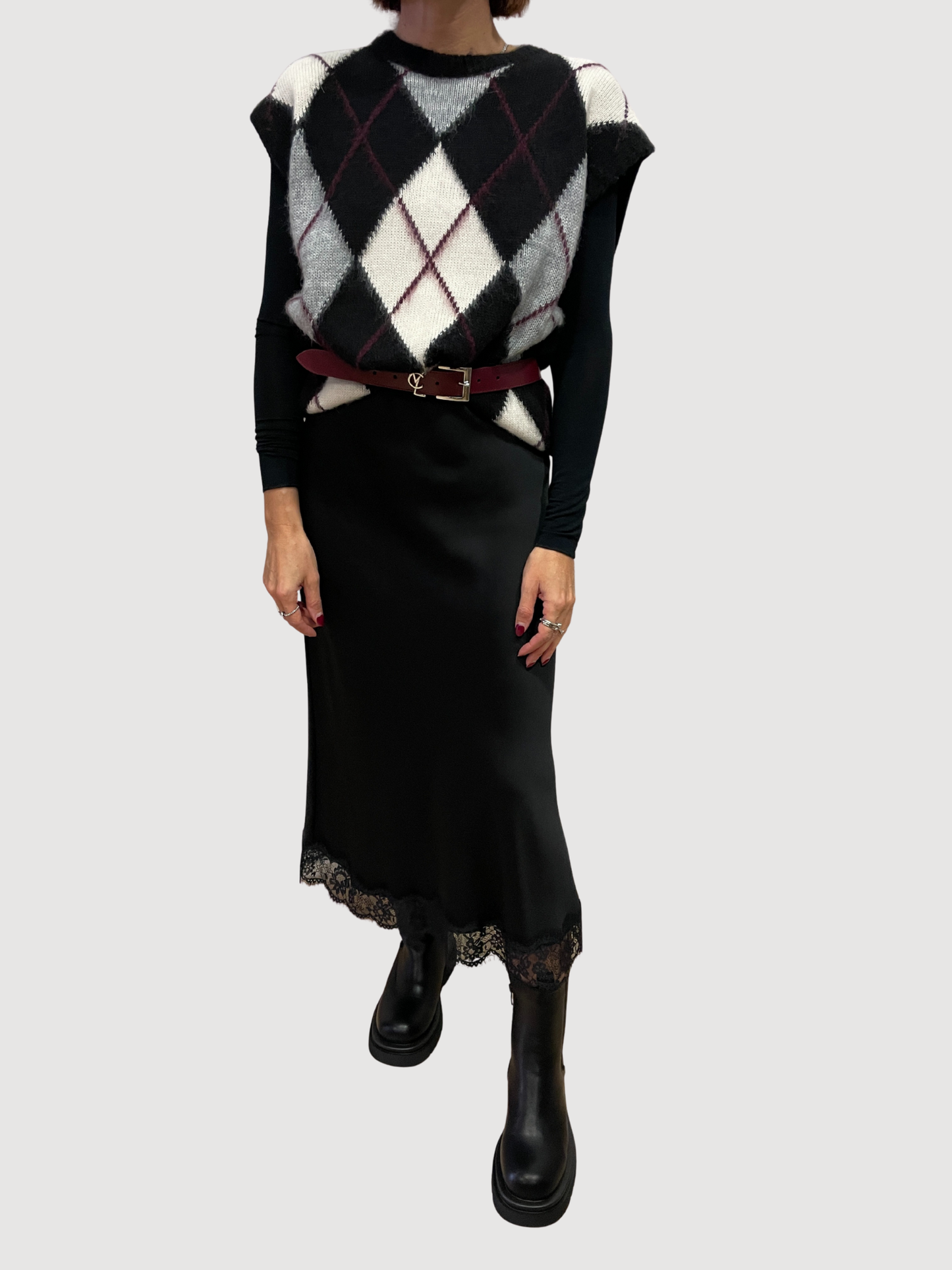 KAOS - Gilet nero e bordeaux a scacchi in maglia