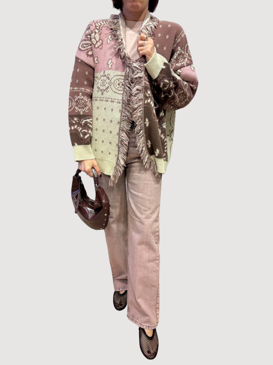 KONTATTO - Cardigan rosa ed ecrù jaquard con frange