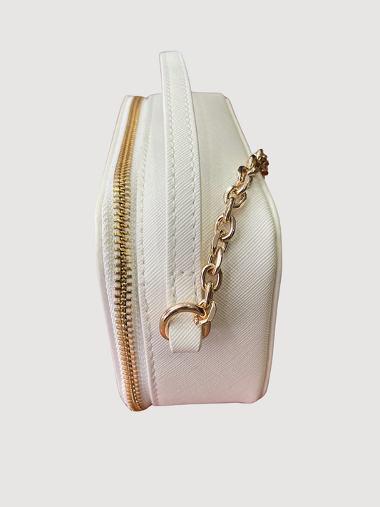 Borsa in ecopelle bianca a mano con tracolla oro