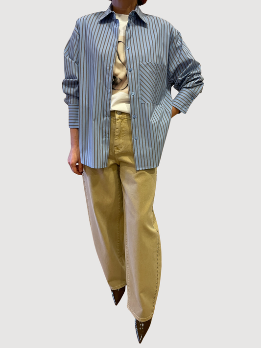 HAVEONE - Camicia a bastoncino azzurra e cioccolato con tasca frontale