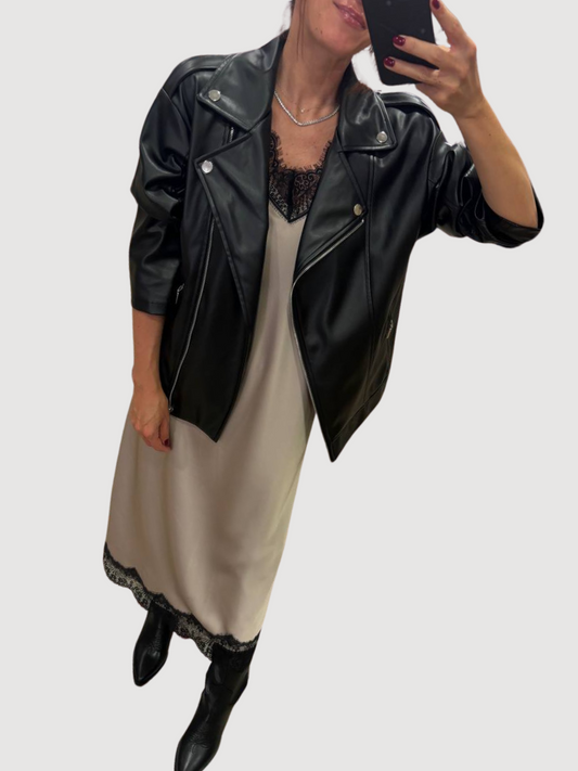 SOUVENIR - Abito sottoveste lungo in viscosa color pietra con pizzo nero