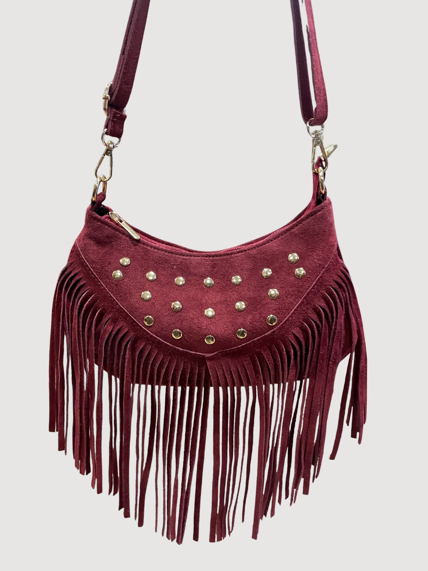 Borsa in pelle con borchie e frange - più colori