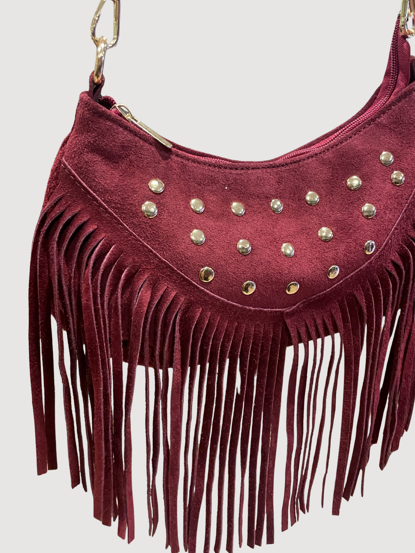 Borsa in pelle con borchie e frange - più colori