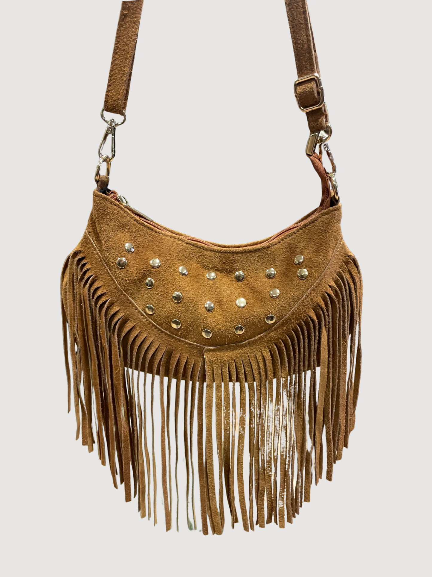 Borsa in pelle con borchie e frange - più colori