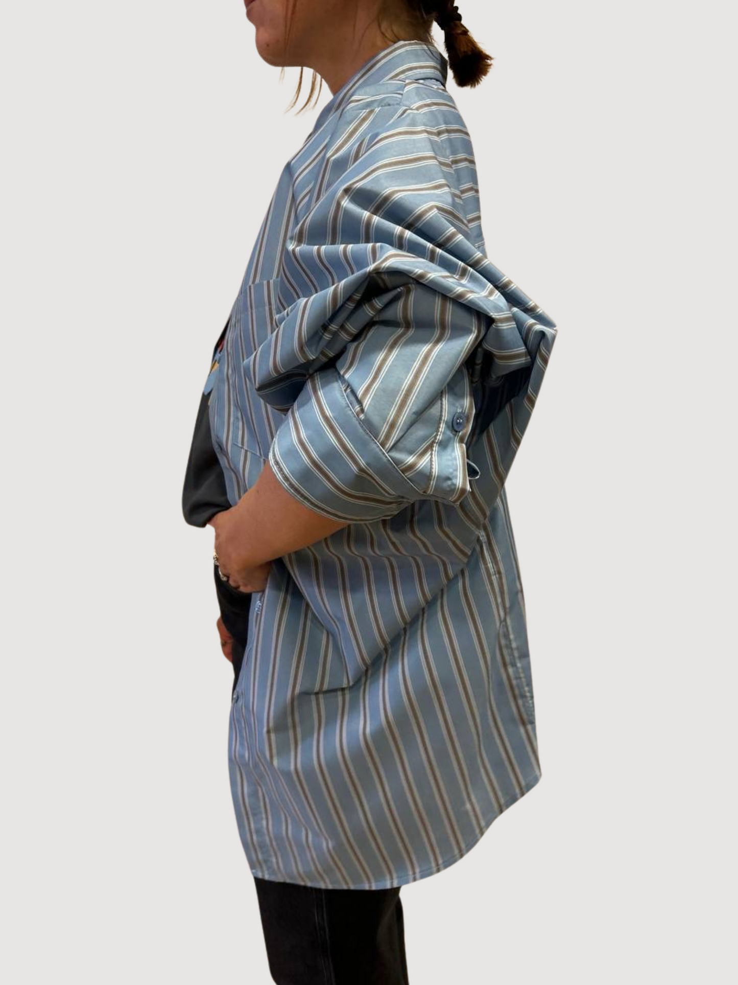 VICOLO - Camicia over azzurra a righe cioccolato