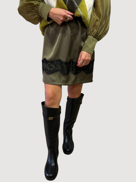SOUVENIR - Gonna in viscosa verde militare con coulisse e pizzo