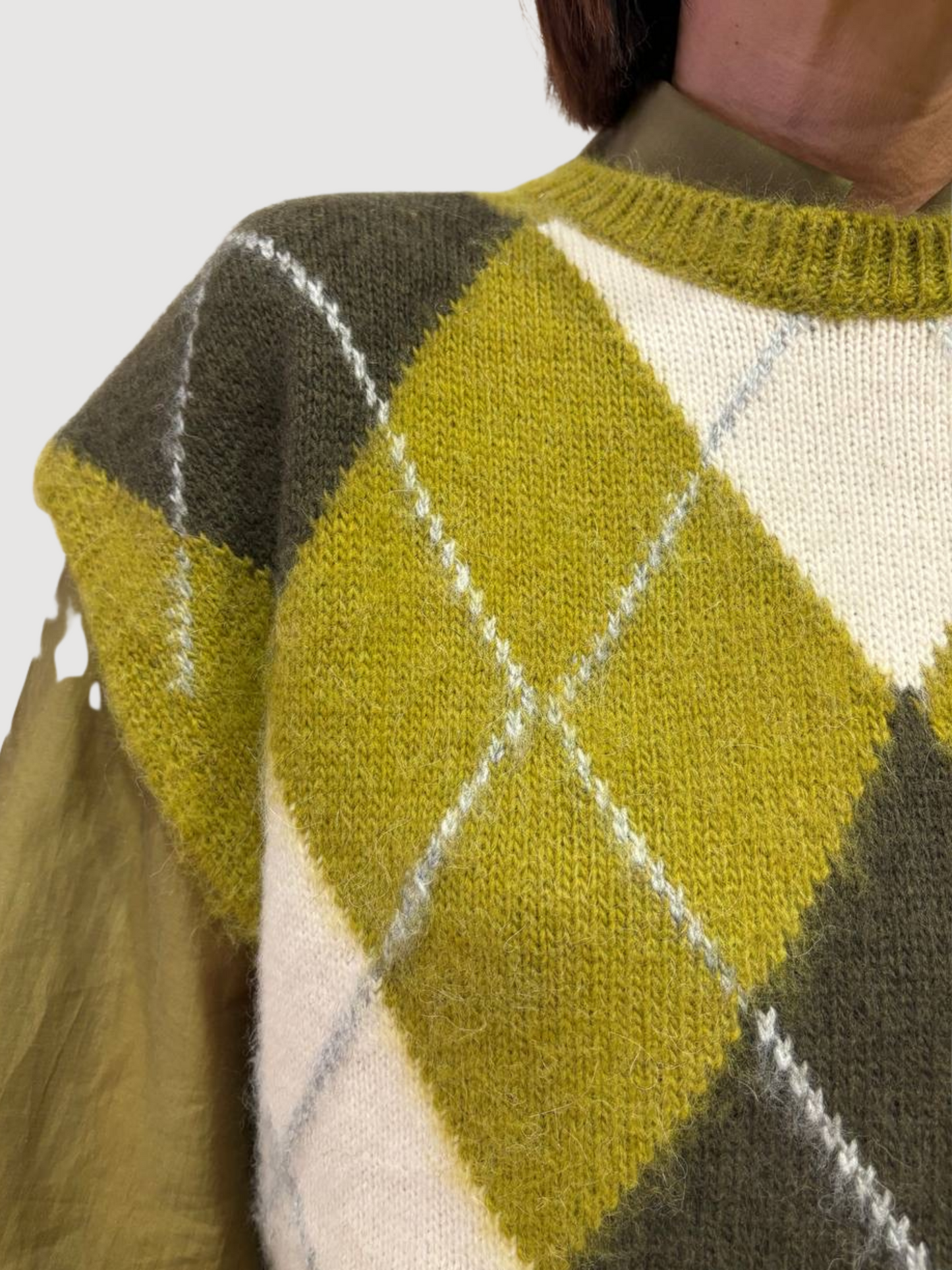KAOS - Gilet verde olio e burro a scacchi in maglia