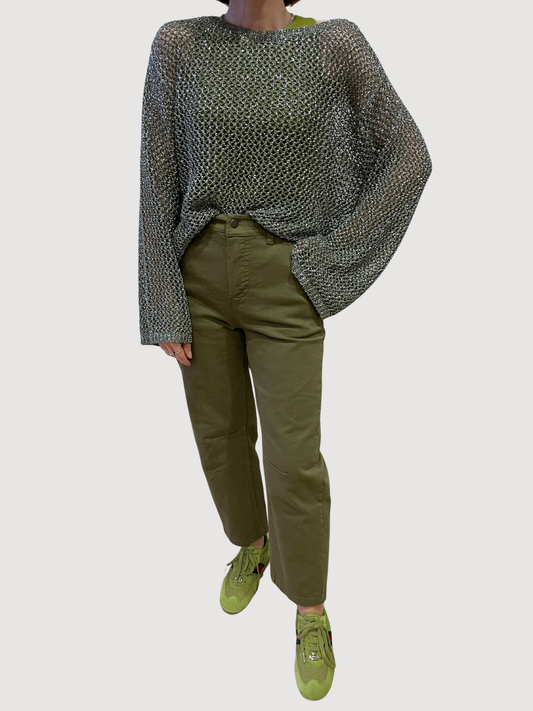 KONTATTO - Maglia a rete verde militare in lurex con maniche ampie