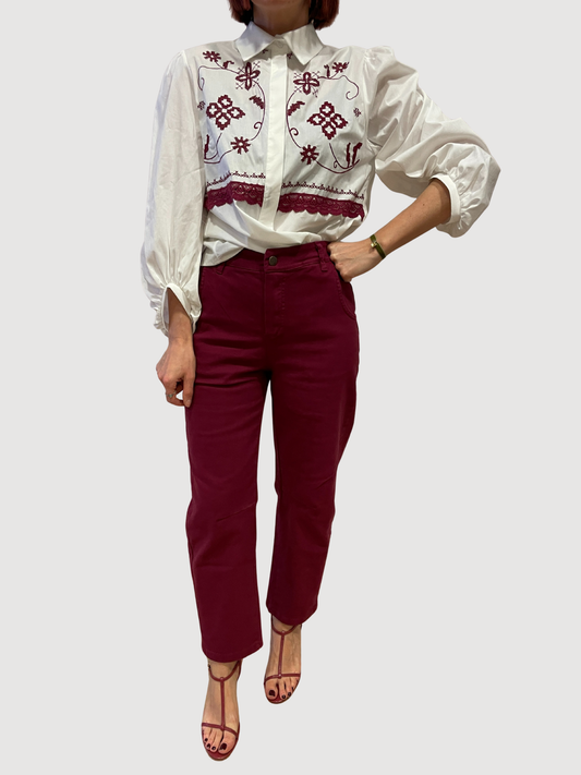 KONTATTO - Camicia in cotone bianca con dettaglio ricamo sangria