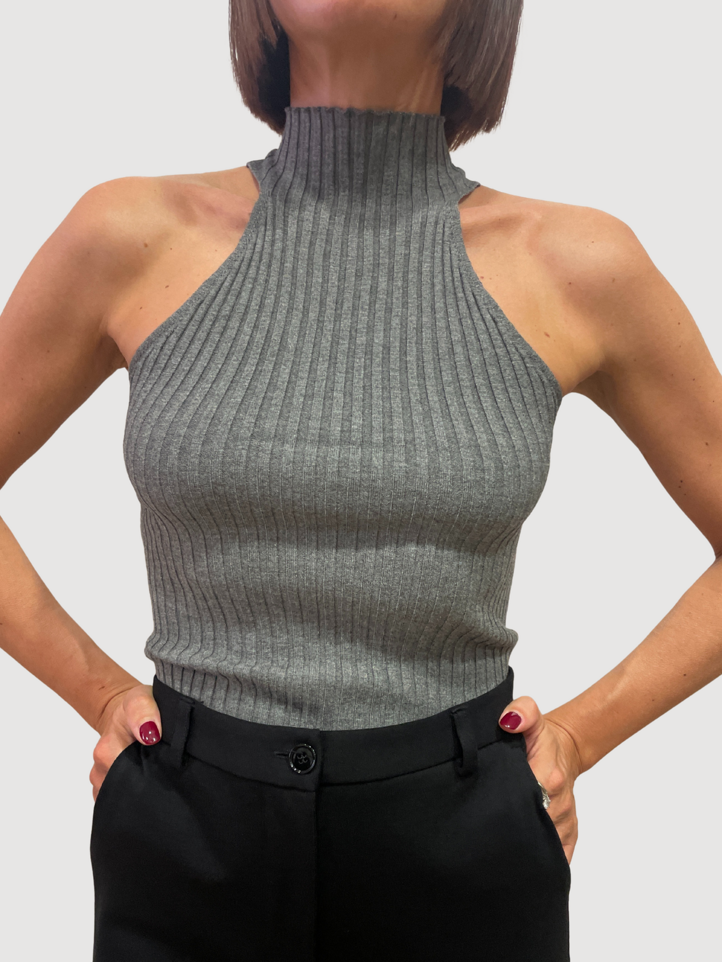 KONTATTO - Top cammello a costine con colletto - più colori