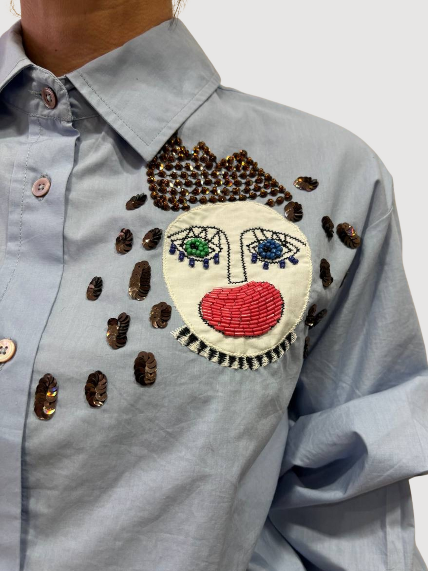 SOUVENIR - Camicia in popeline azzurra con dettaglio stampa di paillettes