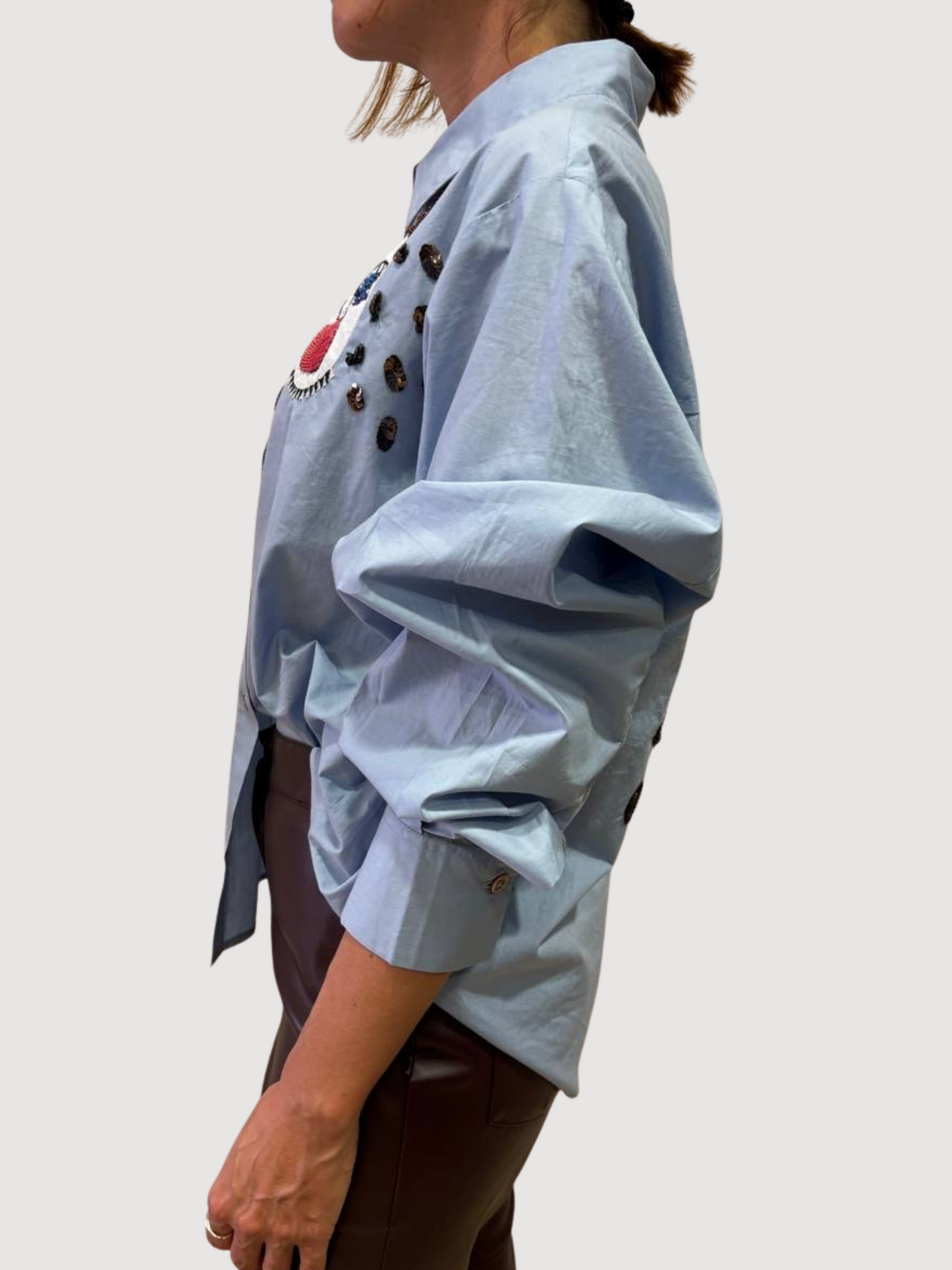 SOUVENIR - Camicia in popeline azzurra con dettaglio stampa di paillettes