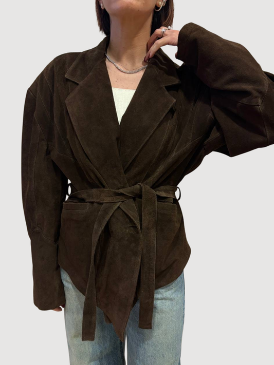 VICOLO - Giacca in crosta di vera pelle testa moro con cintura