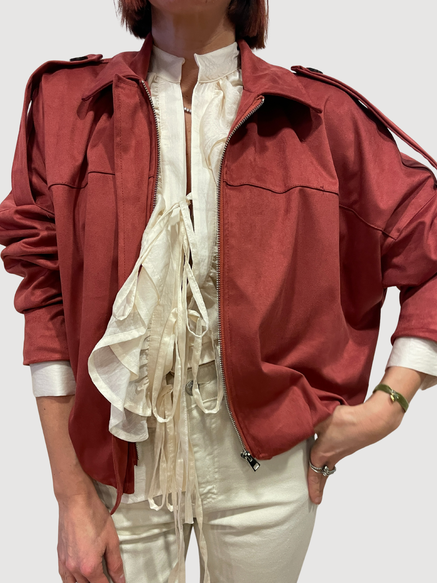 SAIPH - Bomber color coccio in eco camoscio con colletto e zip