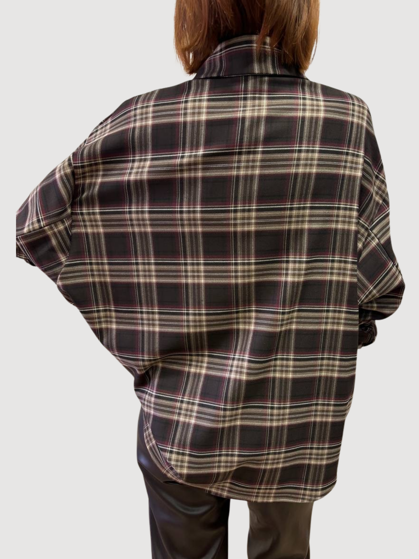 HAVEONE - Camicia check fondente con dettaglio maniche in pizzo burro