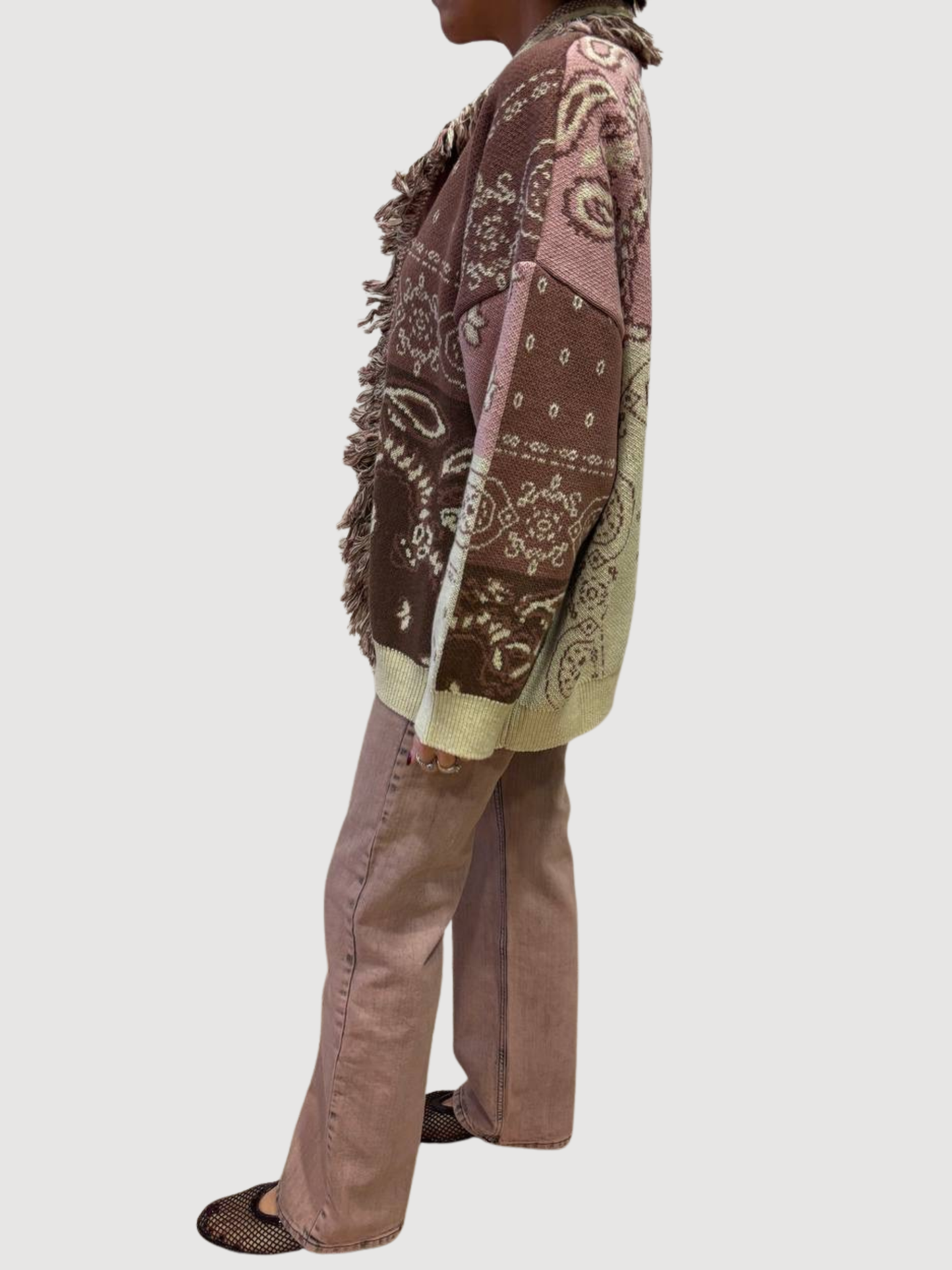 KONTATTO - Cardigan rosa ed ecrù jaquard con frange