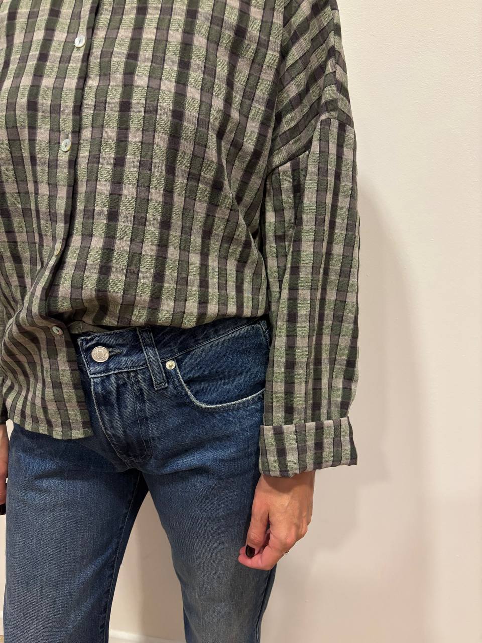 HAVEONE - Camicia a scatola in misto cotone e viscosa a quadri verde militare e nero
