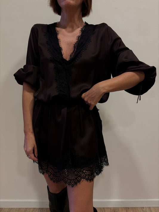 VICOLO - Abito in viscosa con dettagli in pizzo neri e laccetti regolabili color marrone