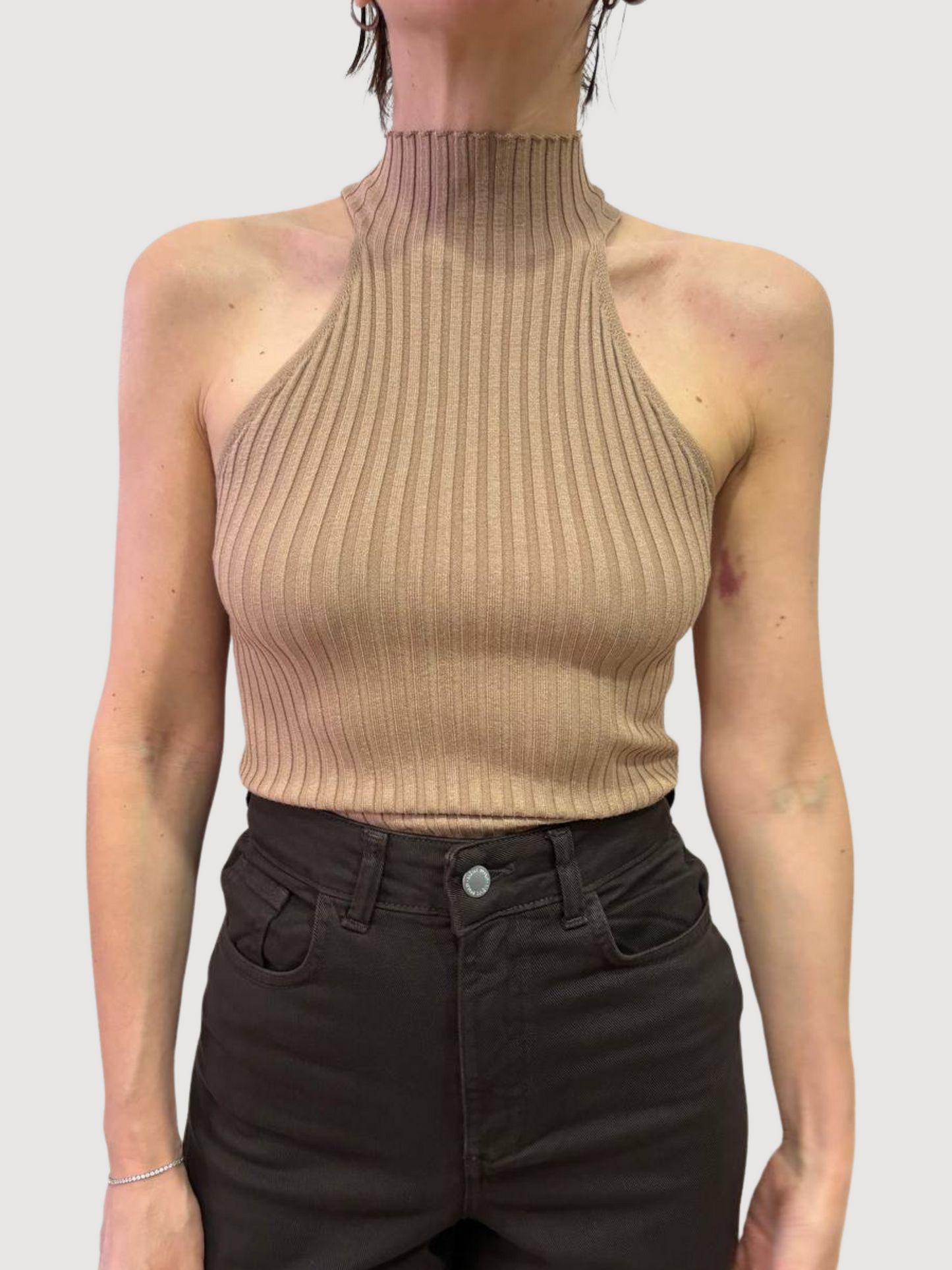 KONTATTO - Top cammello a costine con colletto - più colori
