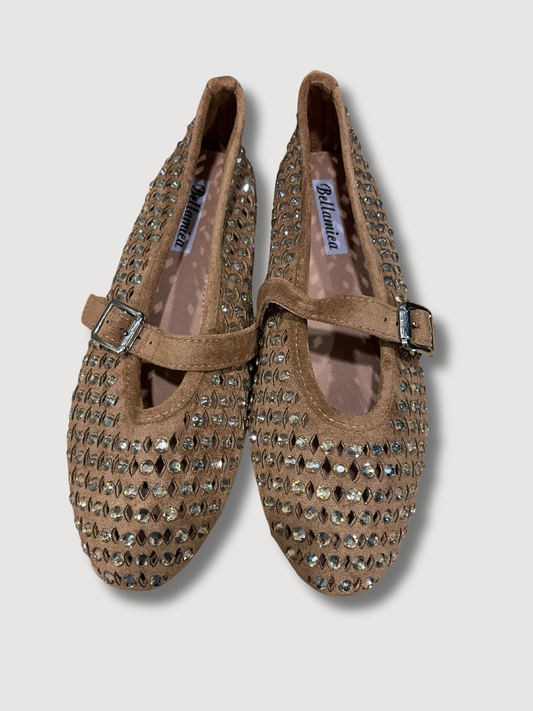 Ballerine traforate con strass e cinturino - cammello
