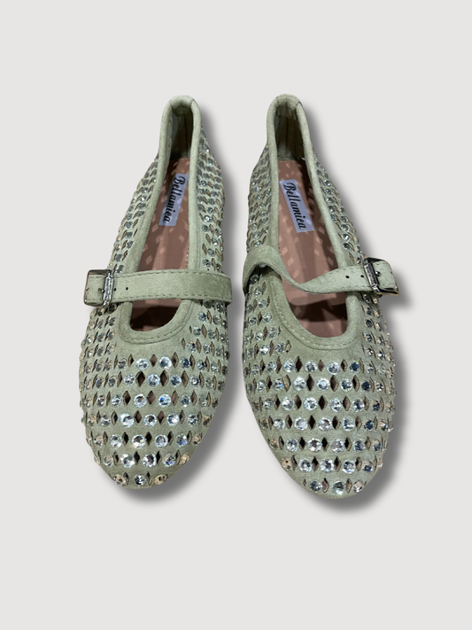 Ballerine traforate con strass e cinturino - verde