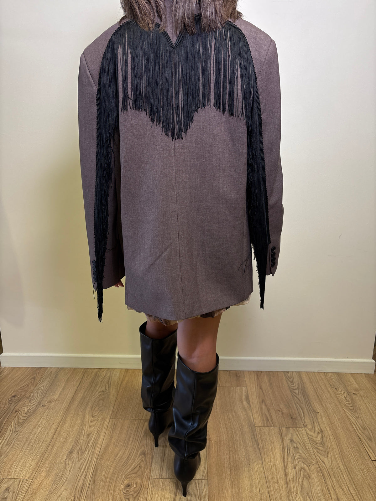 LUMINA - Blazer con frange nere color marrone