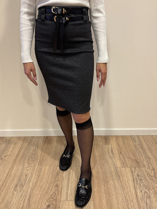 HAVEONE - Gonna midi in fantasia spinata color grigio e nero e con doppia cintura