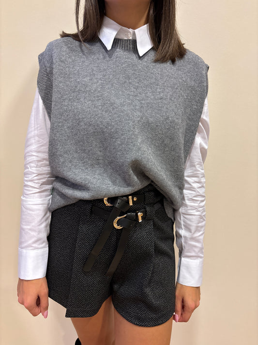 HAVEONE - Shorts spinato con pinces e doppia cintura color grigio e nero