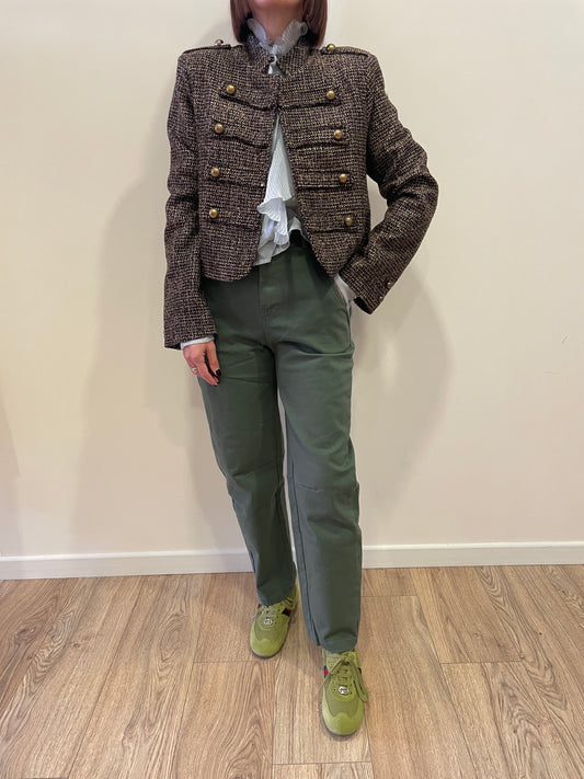 KONTATTO - Giacca Napoleon in tweed con bottoni oro color moro