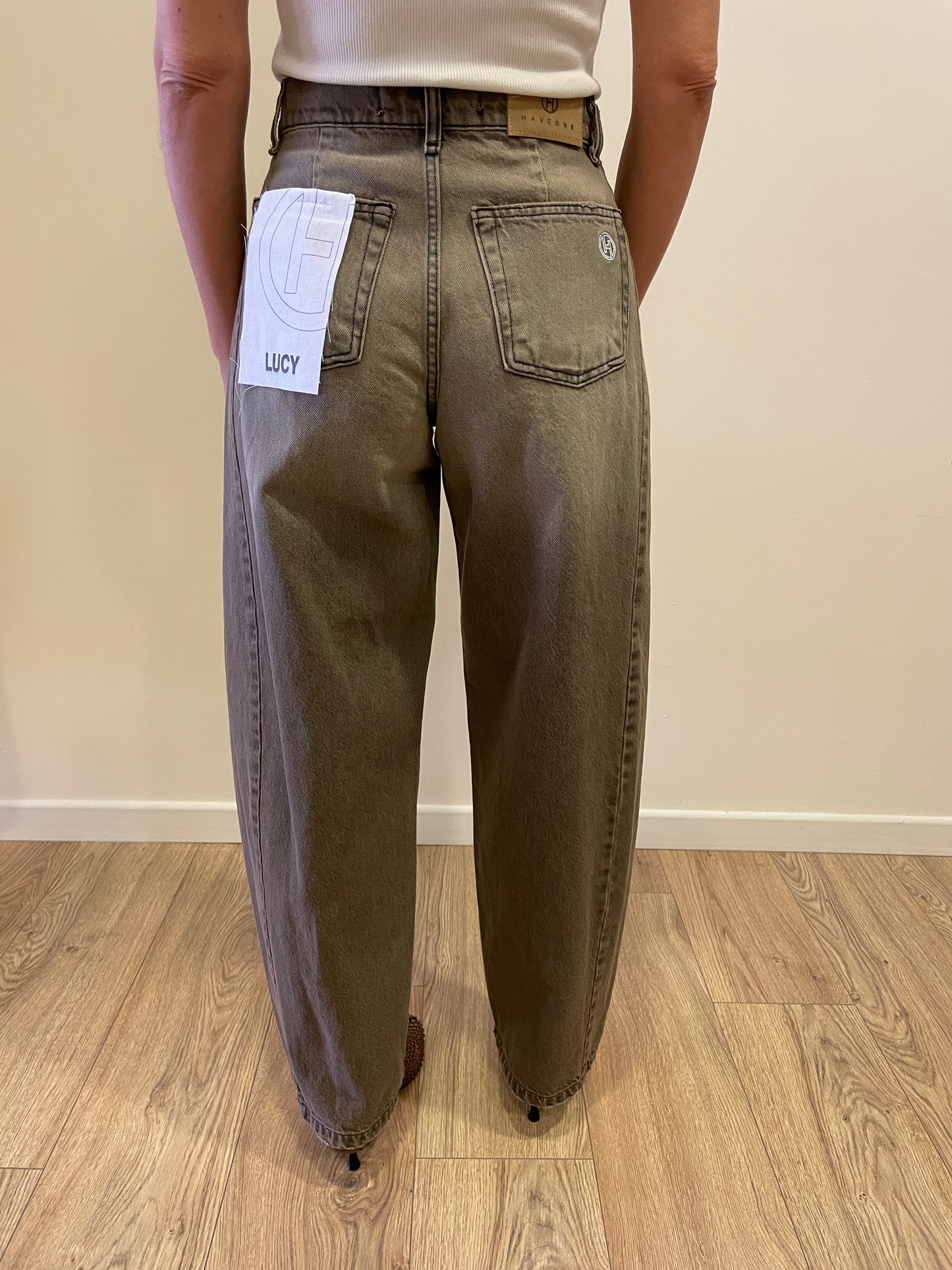 HAVEONE - Jeans Lucy barrel fit con cuciture laterali color marmorizzato taupe