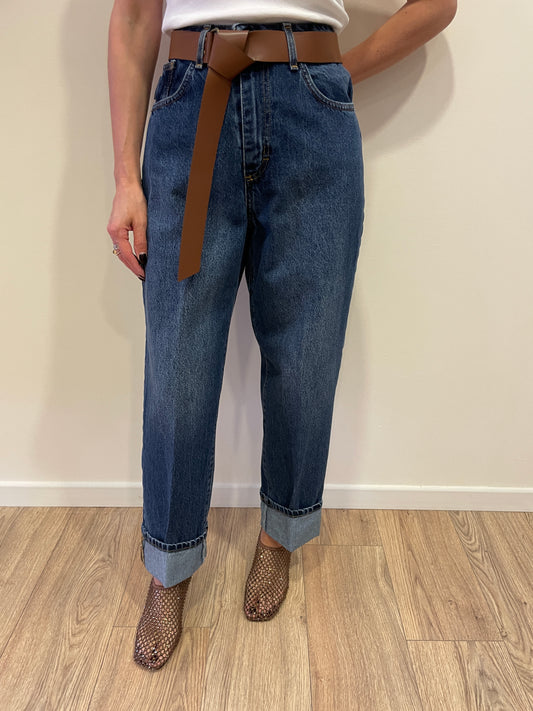 HAVEONE - Jeans Mandy a vita medio-alta elasticizzato con cintura e risvolto color denim blu chiaro