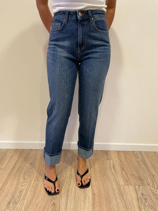 VICOLO - Jeans Maggie a vita media elasticizzato a gamba dritta con risvolto color denim blu