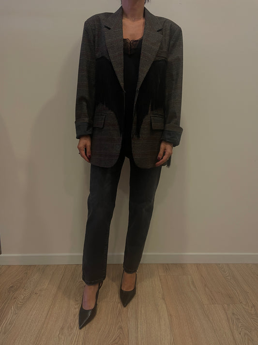 LUMINA - Blazer in tartan con frange nere color ruggine