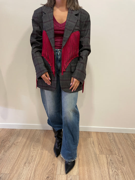 LUMINA - Blazer in tartan con frange rosse color ruggine