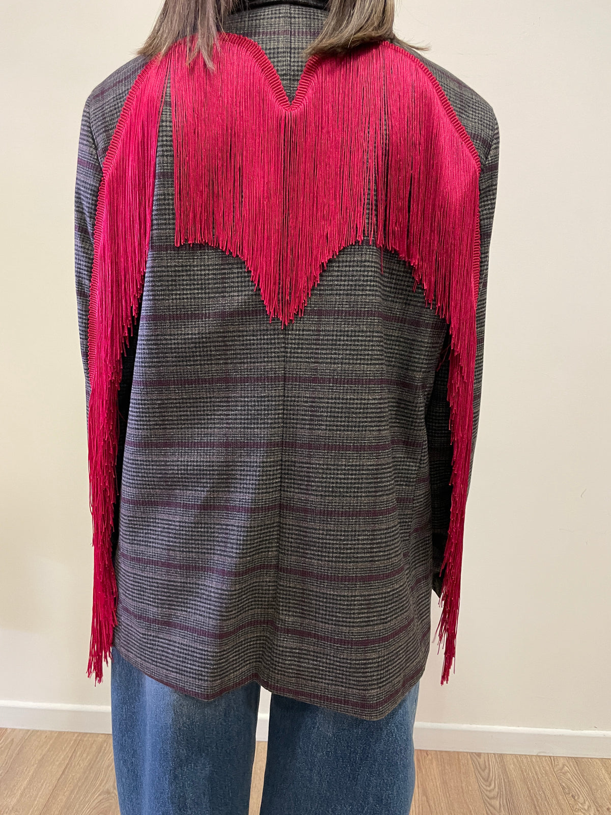 LUMINA - Blazer in tartan con frange rosse color ruggine