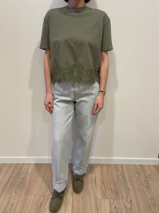HAVEONE - T-shirt a scatoletta verde militare con pizzo - più colori