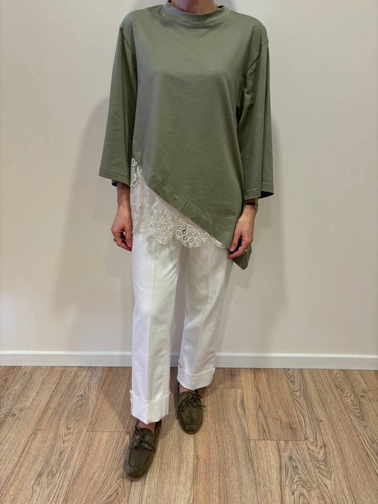 HAVEONE - Maglia con maniche a 3/4 asimmetrica verde con pizzo burro