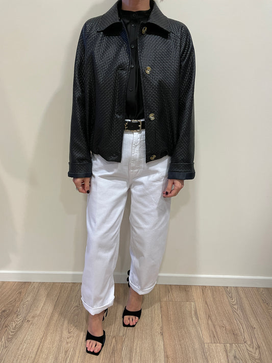 HAVEONE - Bomber nero in ecopelle intrecciata con bottoni e colletto