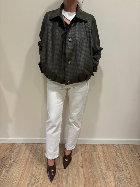 HAVEONE - Bomber verde militare in ecopelle intrecciata con bottoni e colletto