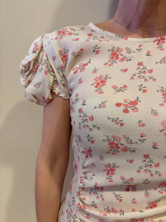 KONTATTO - Abito lungo a fiori ecrù con mezze maniche a sbuffo e arricciature