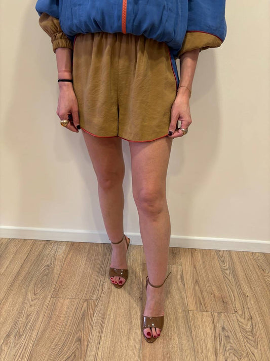 HAVEONE - Shorts in tessuto tecnico color senape e azzurro con elastico