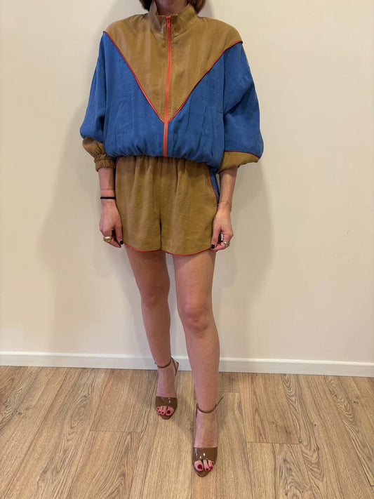 HAVEONE - Bomber in tessuto tecnico senape e azzurro con chiusura con zip