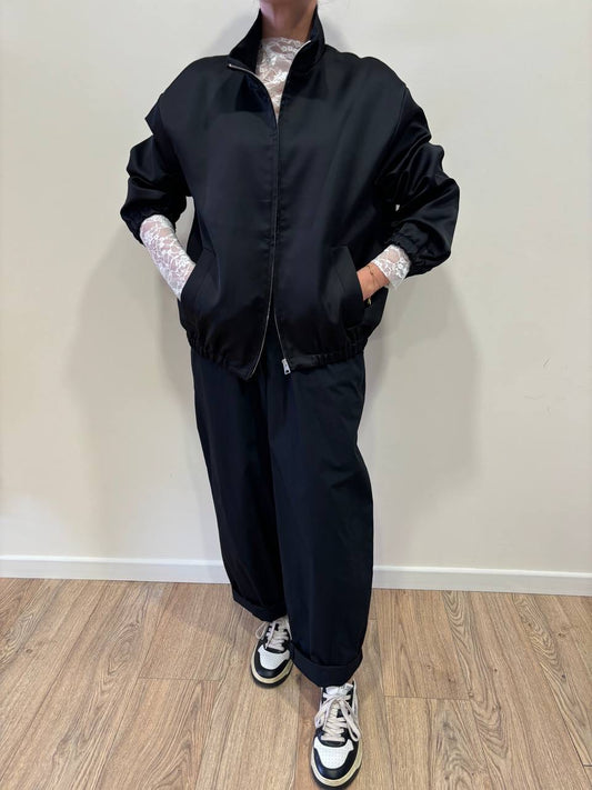 VICOLO - Bomber effetto raso nero con chiusura con zip