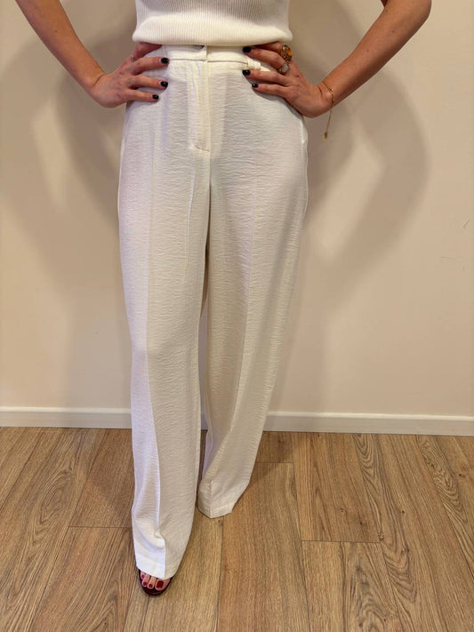HAVEONE - Pantalone a palazzo dritto panna goffrato con elastico