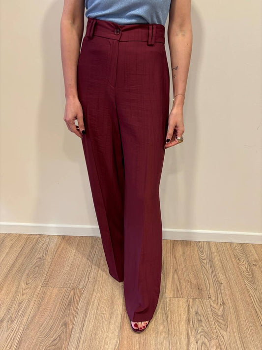 HAVEONE - Pantalone a palazzo dritto bordeaux goffrato con elastico